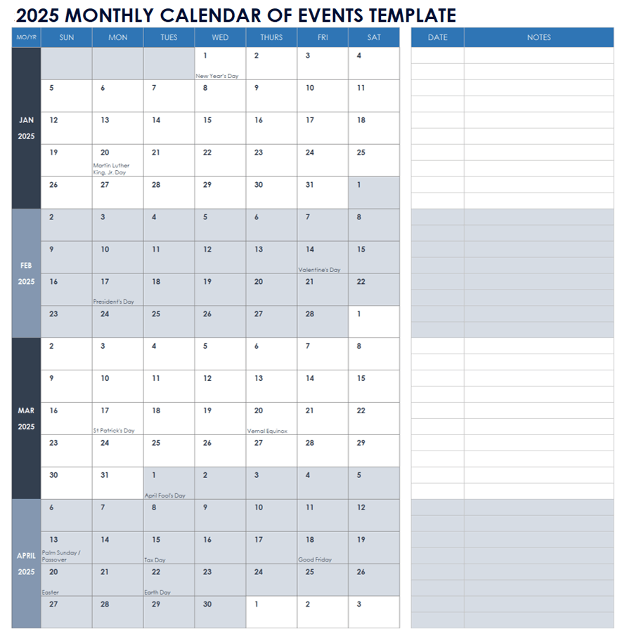 15 Free 2025 Monthly Calendar Templates Smartsheet
