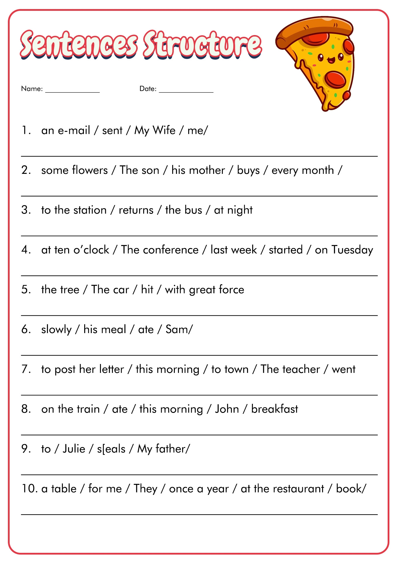 Printable Worksheets Sentence Structure