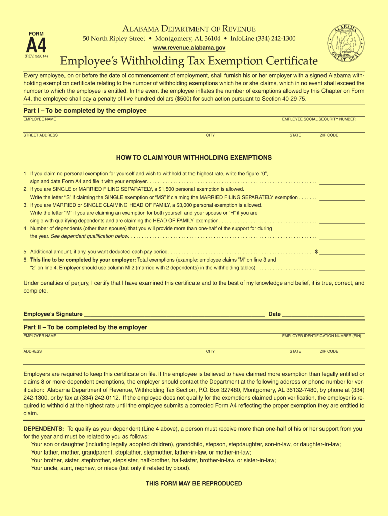 2014 2025 Form AL DoR A 4 Fill Online Printable Fillable Blank PdfFiller