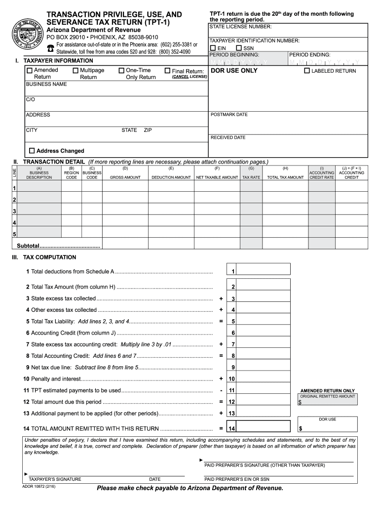 2016 2025 Form AZ DoR TPT 1 Fill Online Printable Fillable Blank PdfFiller
