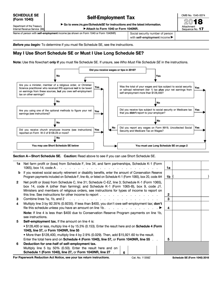 2018 Form IRS 1040 Schedule SE Fill Online Printable Fillable Blank PdfFiller