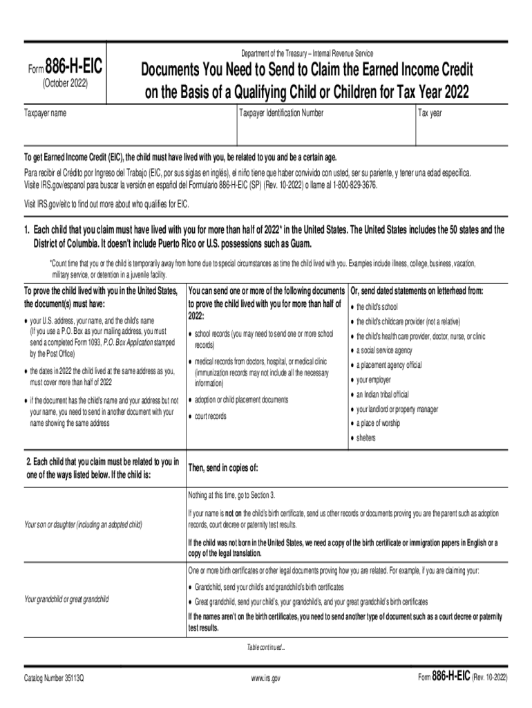 2022 2025 IRS Form 886 H EIC Fill Online Printable Fillable Blank PdfFiller