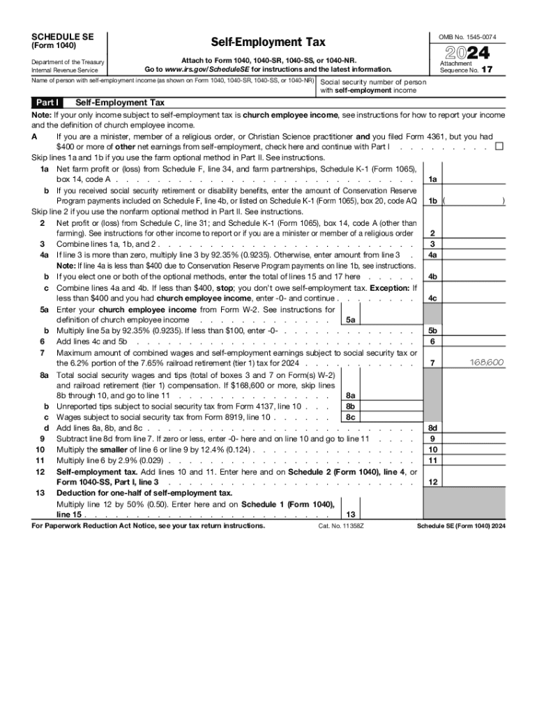 2024 Form IRS 1040 Schedule SE Fill Online Printable Fillable Blank PdfFiller