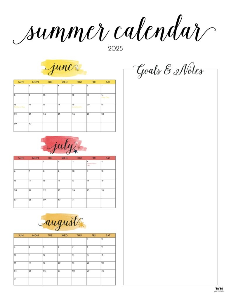 3 Month Calendar June July August 2025