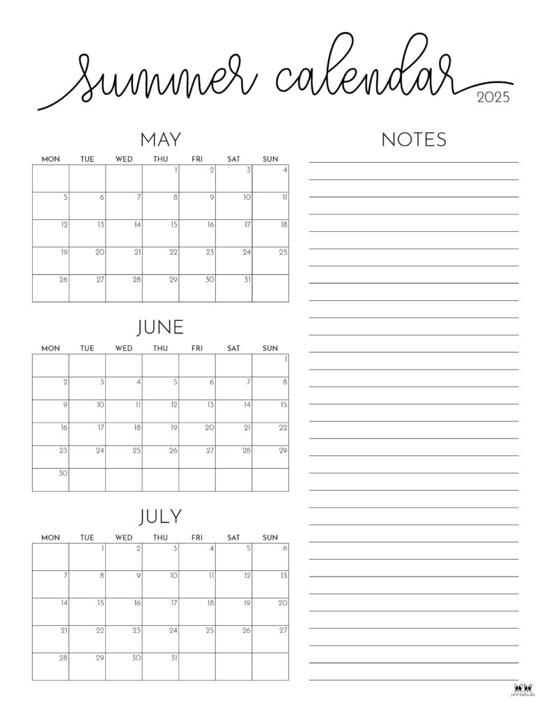 2025 Summer Calendars 27 FREE Printables Printabulls