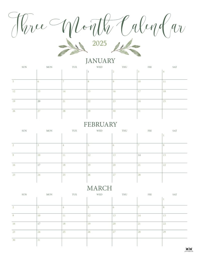 2025 Three Month Quarterly Calendars 36 FREE Cals Printabulls
