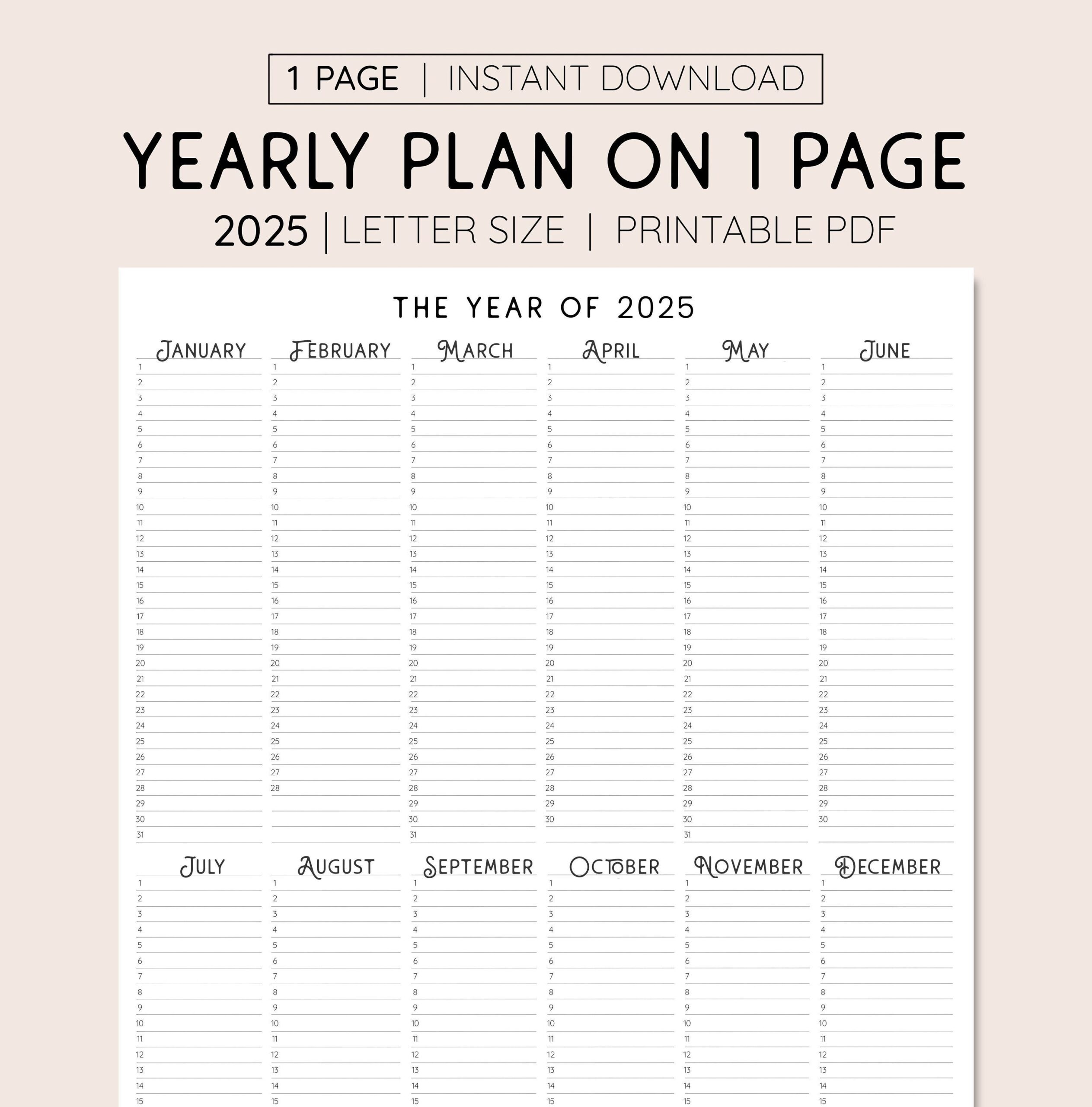Free Printable Year At A Glance Calendar 2025