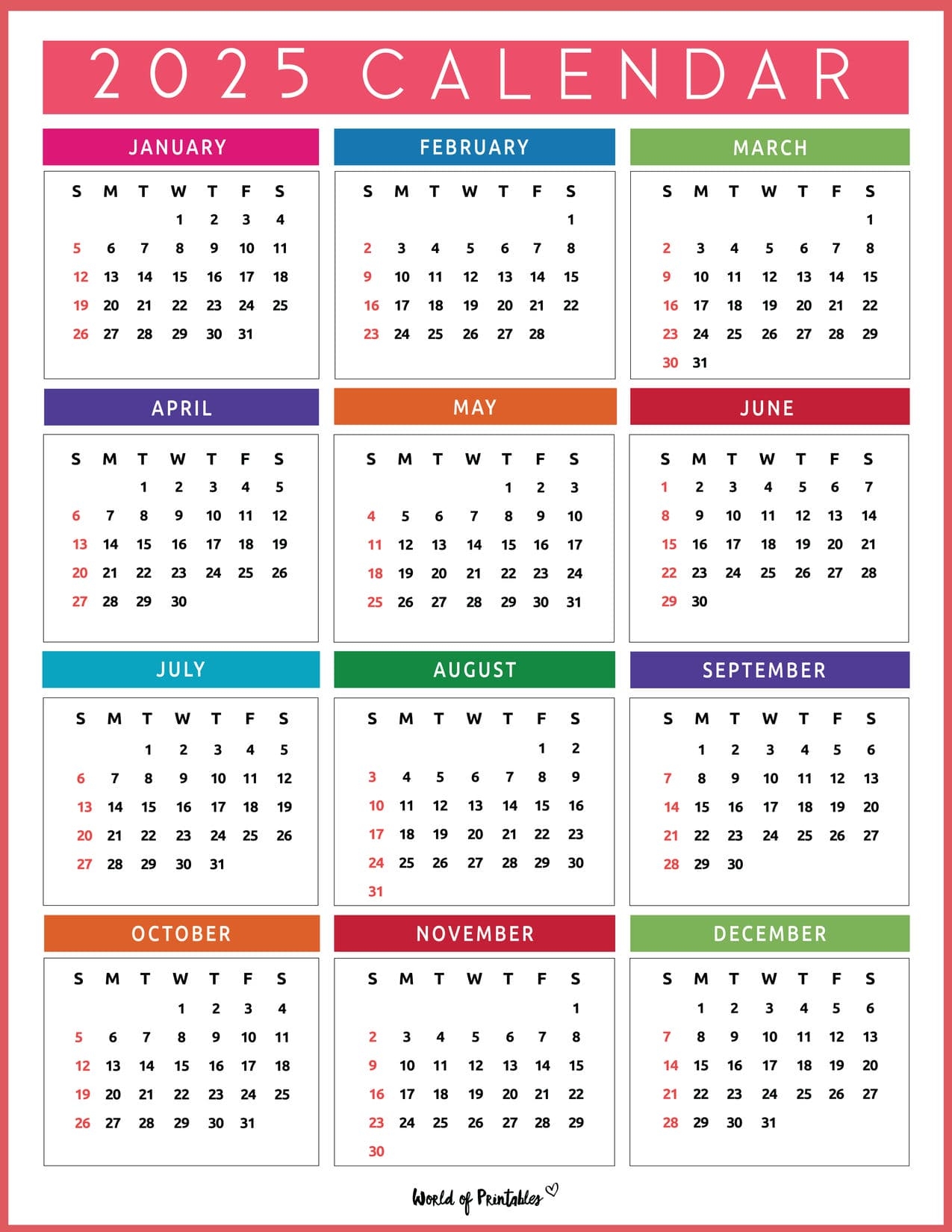 2025 Yearly Calendar Printable Free