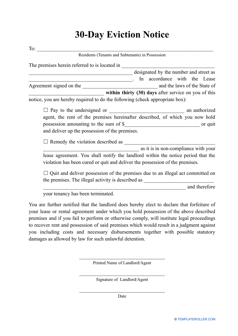 Free Printable 30 Day Notice To Vacate