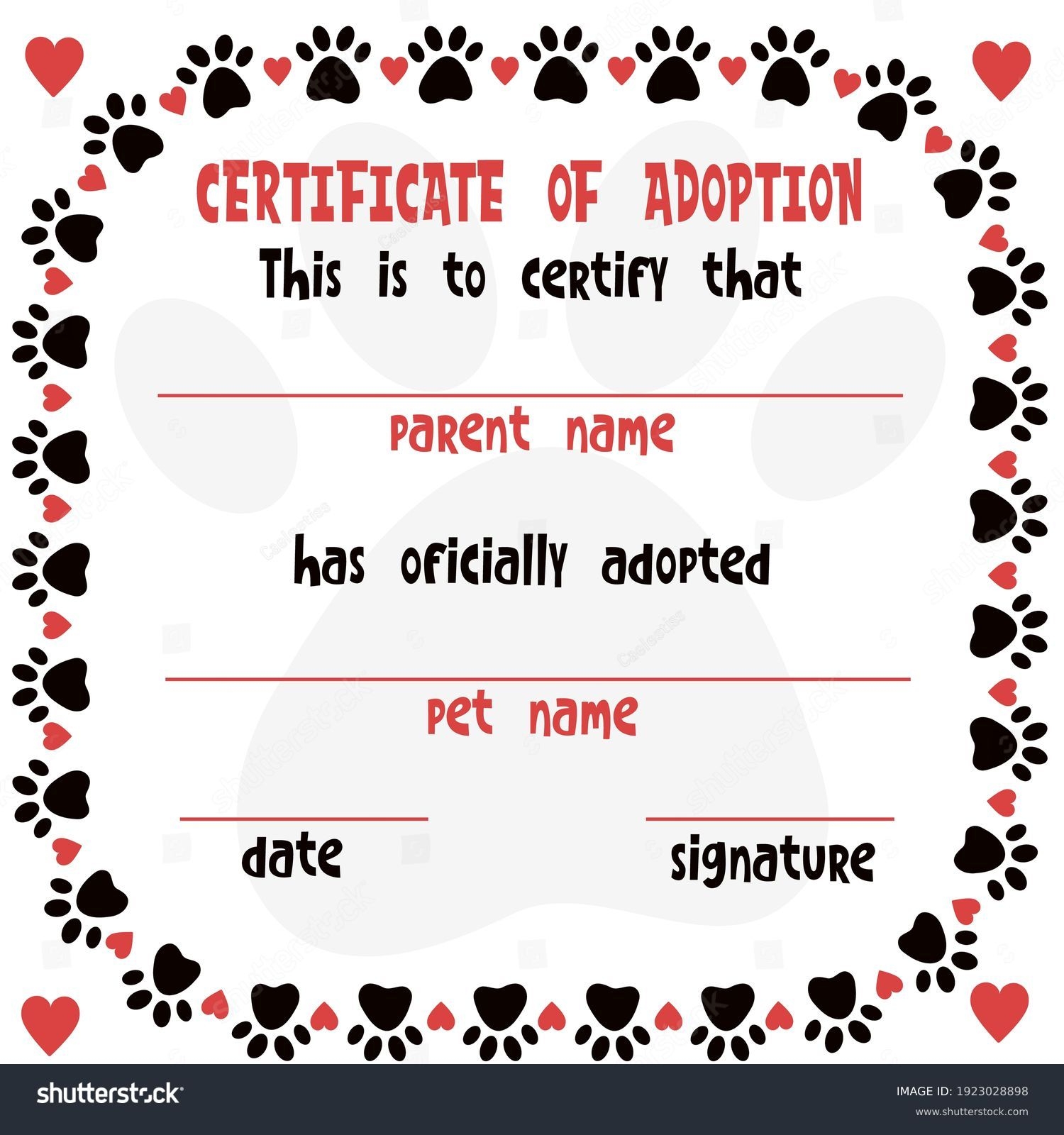 Blank Pet Adoption Certificate Free Printable