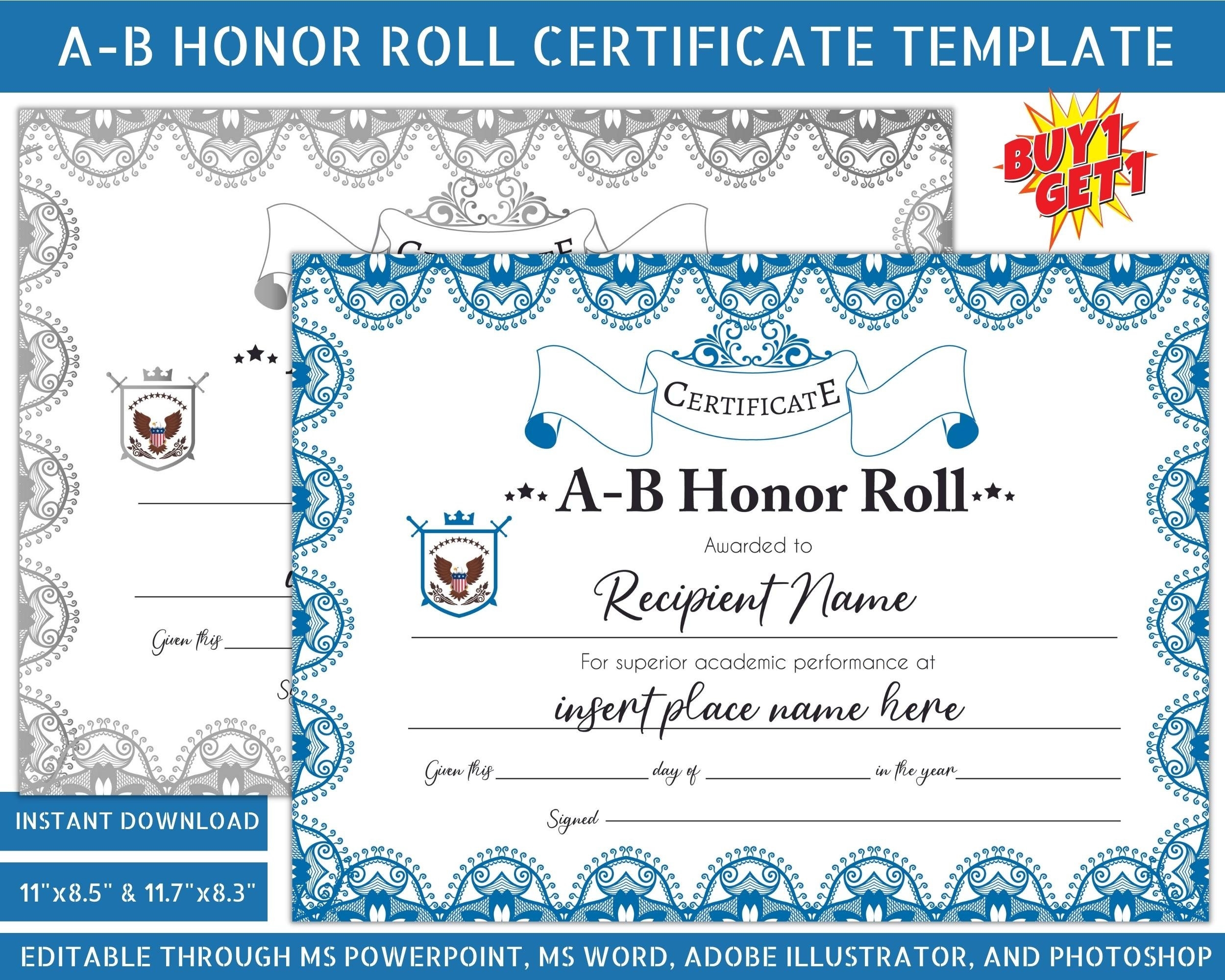 AB Honor Roll Certificate Template Printable Certificate Of Honor Student Recognition Minimalist Editable MS Word MS Powerpoint Design Etsy