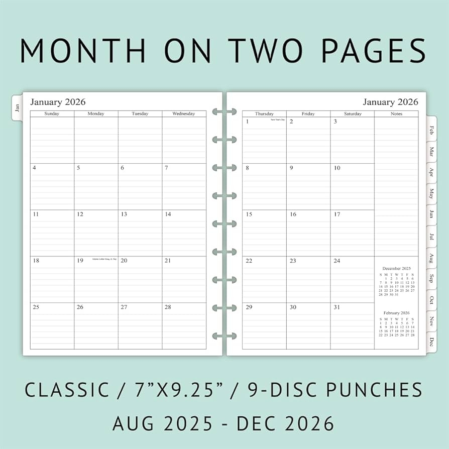 Amazon Newestor 2025 2026 Planner Refills For Happy Planner Classic Size Monthly Pages Aug 2025 Dec 2026 9 Disc Punched 7 X 9 1 4 Office Products