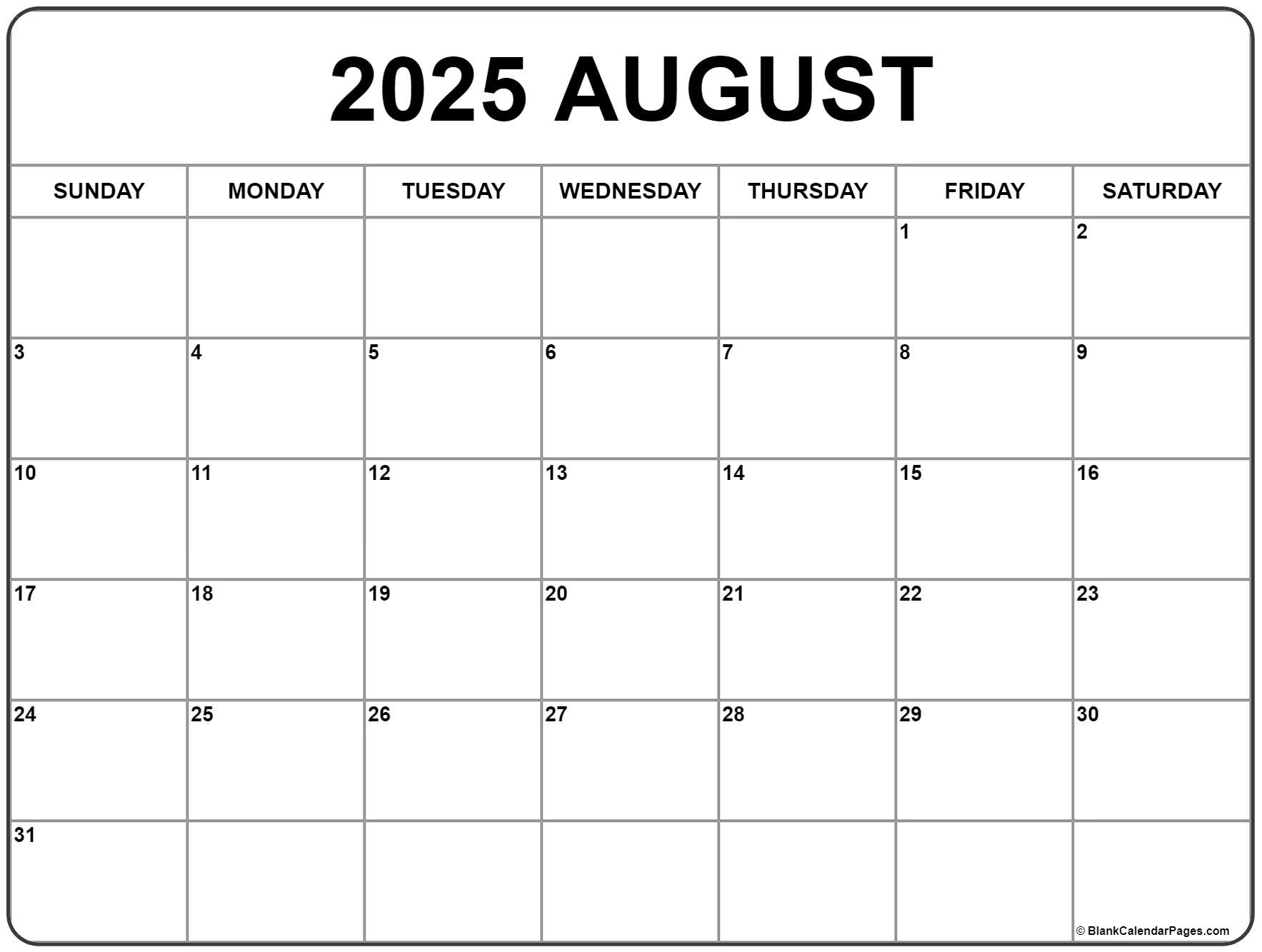 Calendar Of August 2025