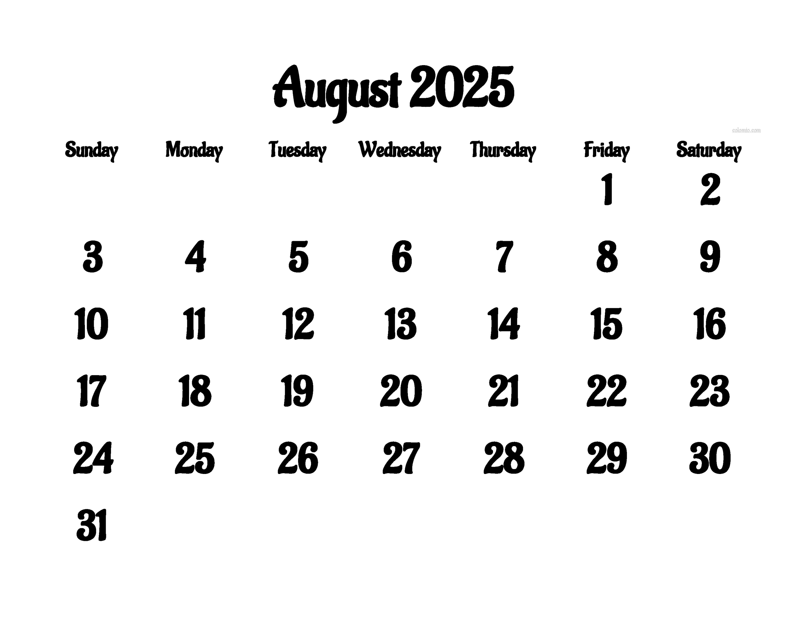 Calendar For August 2025