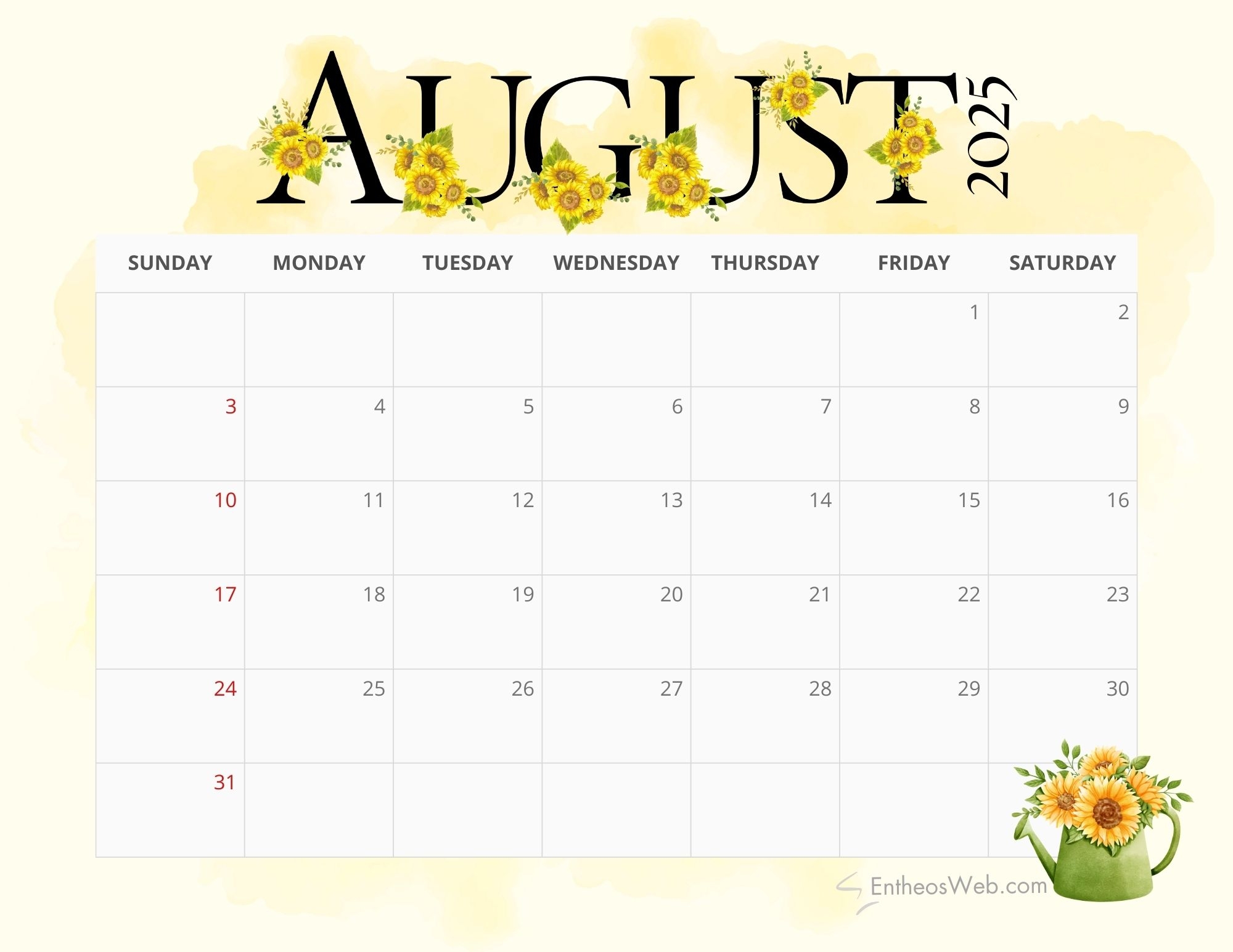 Free Calendar Printable August 2025