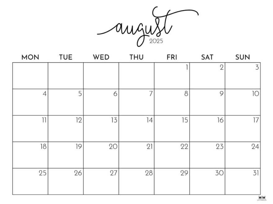 August 2025 Calendars 107 FREE Printables Printabulls