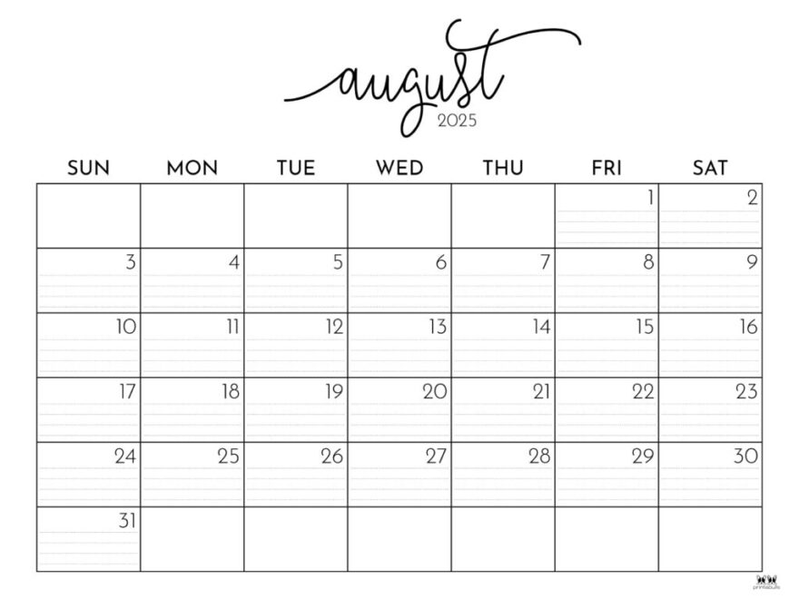 August 2025 Calendars 107 FREE Printables Printabulls