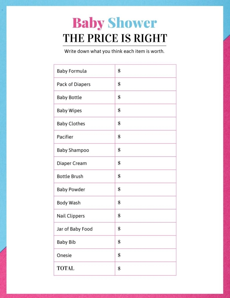 Baby Shower Price Is Right Game Free Printable 