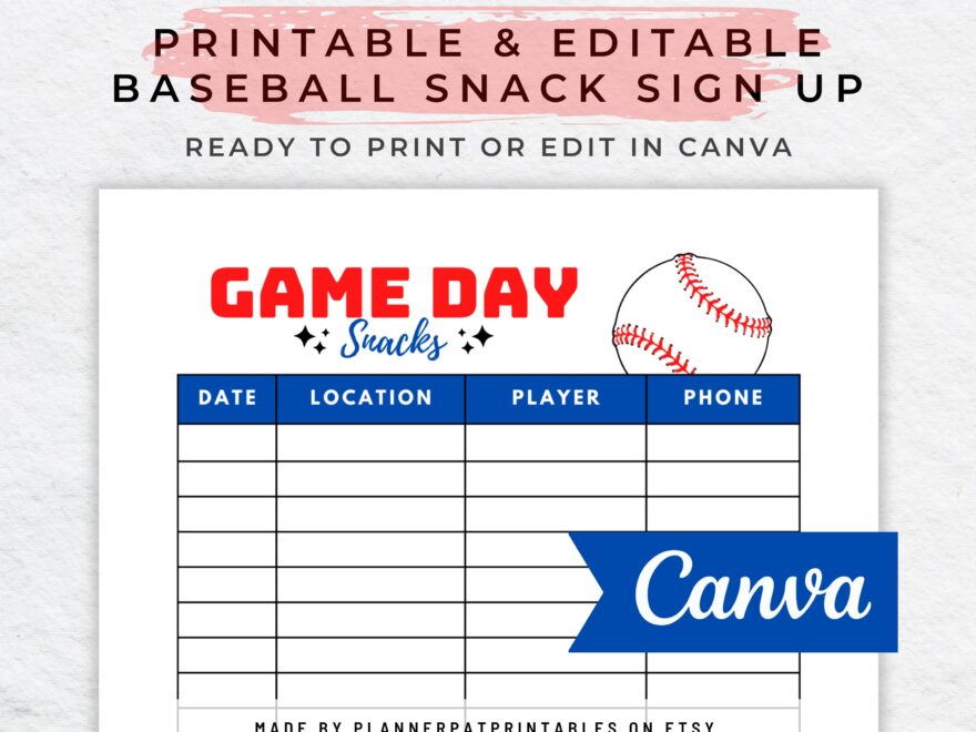 Baseball Snack Schedule Sign Up Sheet Editable Canva Template Printable Etsy