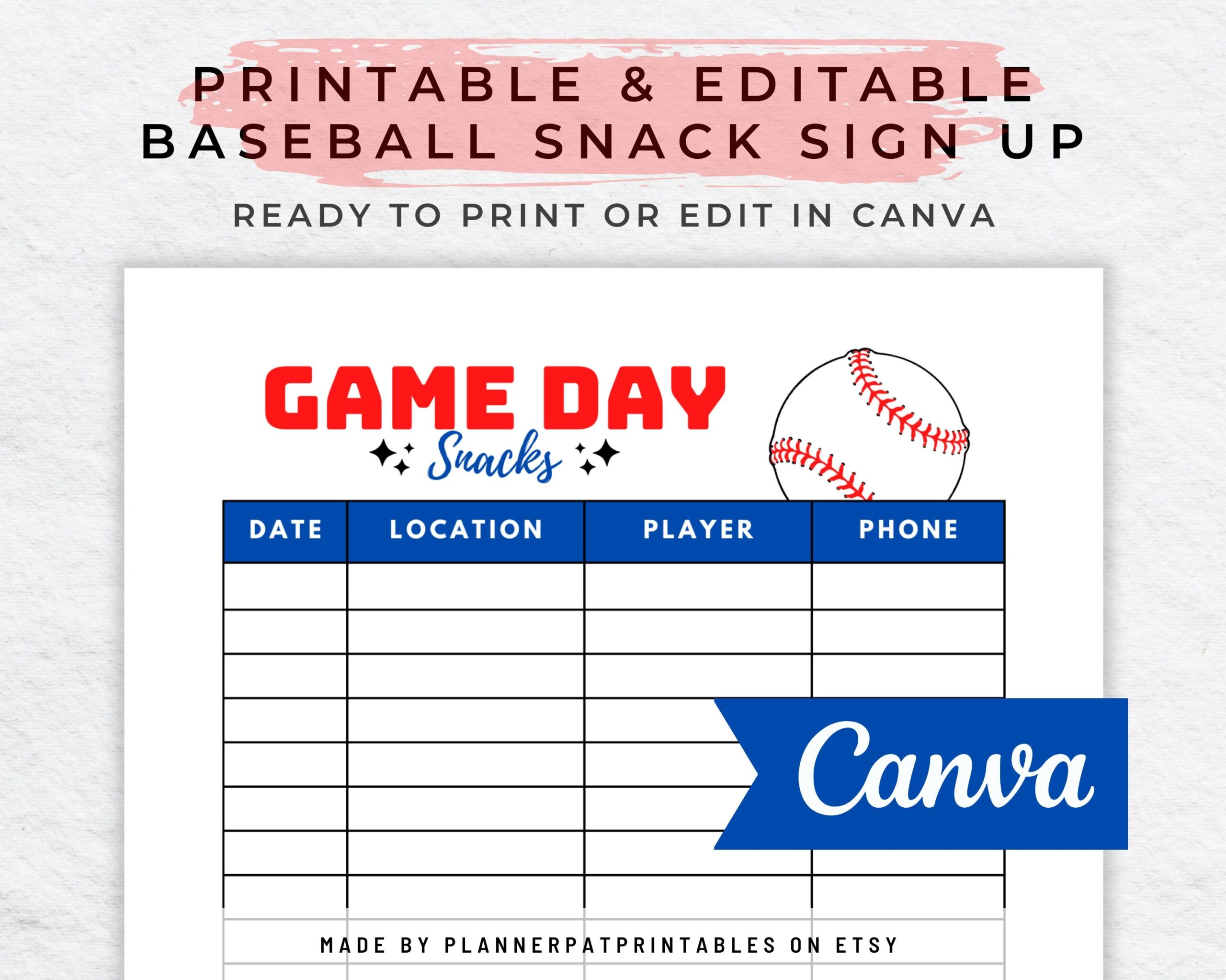 Baseball Snack Schedule Sign Up Sheet Editable Canva Template Printable Etsy