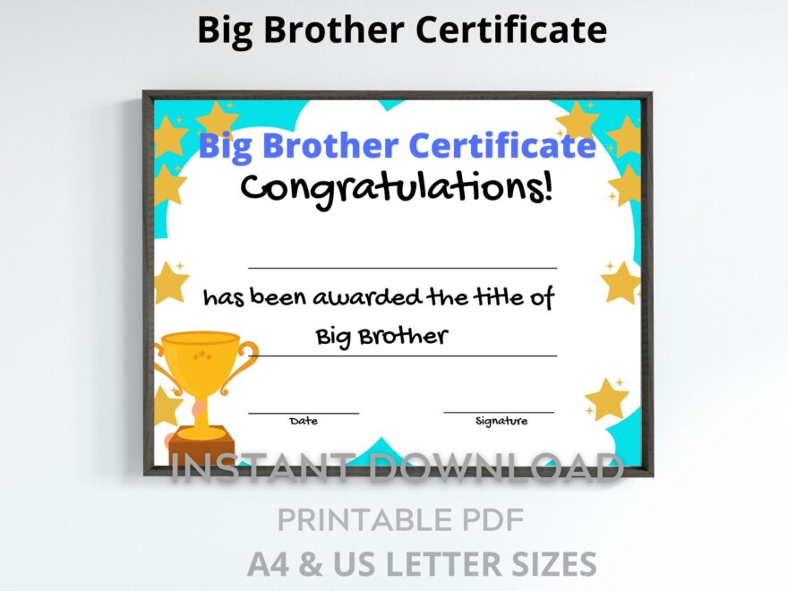Big Brother Certificate Printable For Kids New Sibling Keepsake Gift A4 US Letter Sizes Etsy