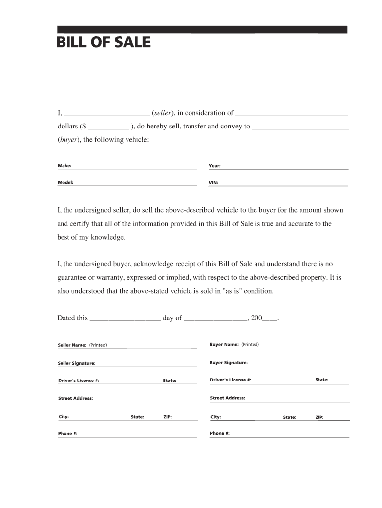 Auto Bill Of Sale Form Free Printable