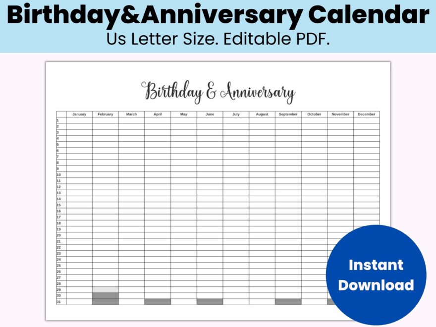 Birthday And Anniversaries Calendar Editable Printable Family Calendar Birthday And Anniversary Reminder Organizer Events Calendar Etsy