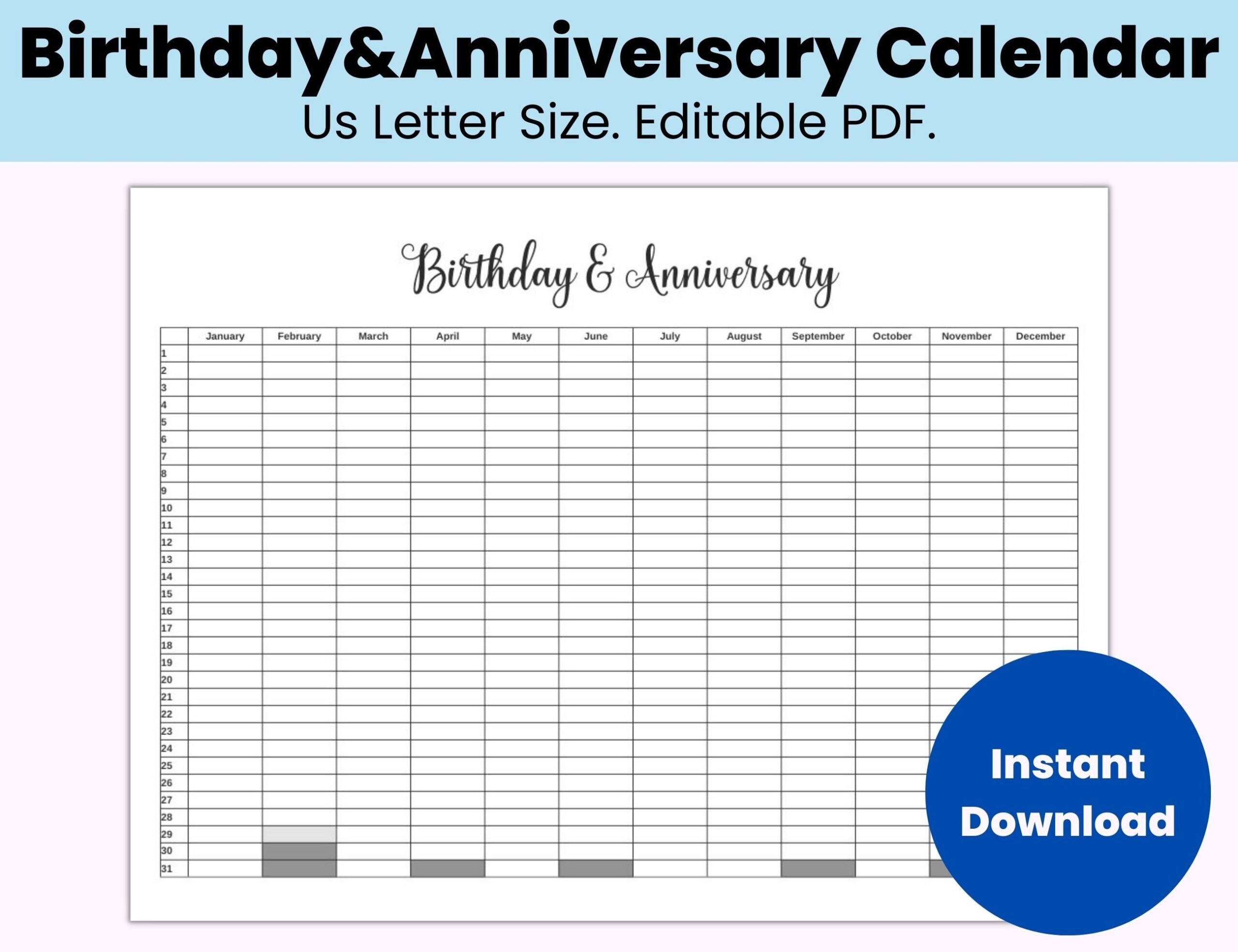 Birthday And Anniversaries Calendar Editable Printable Family Calendar Birthday And Anniversary Reminder Organizer Events Calendar Etsy