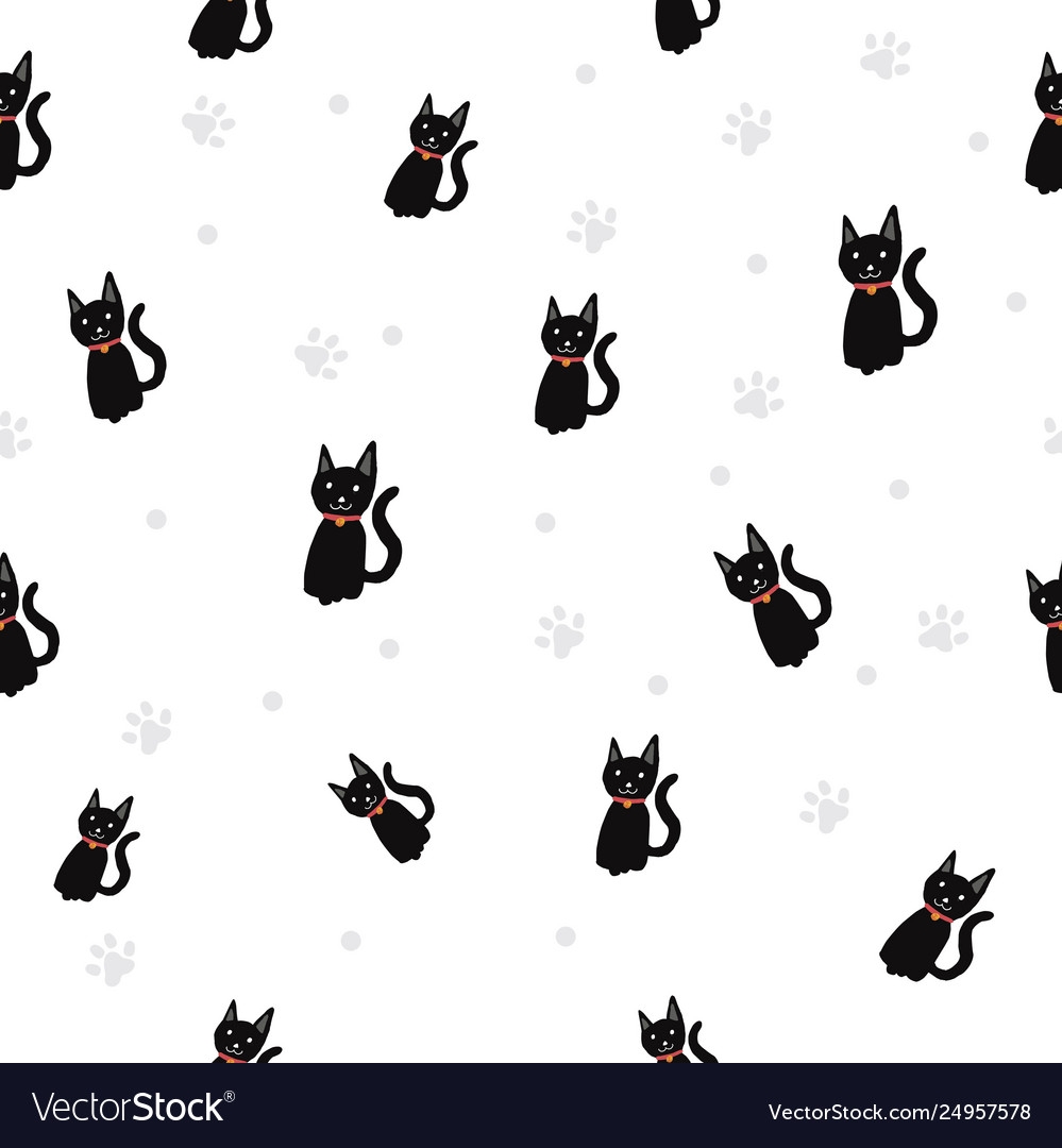 Black Cat Paw Print Seamless Pattern Background Vector Image