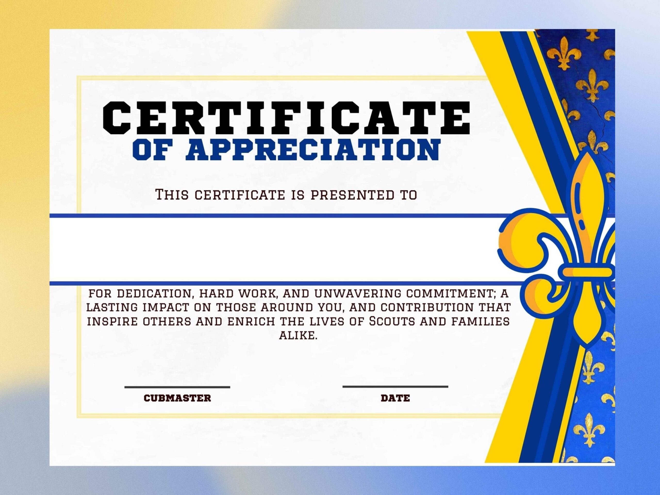 Blank Printable Cubmaster Den Leader Certificate Den Pack Blue And Gold Scout Leader Award PDF Instant Download Appreciation Gift No Edit Etsy