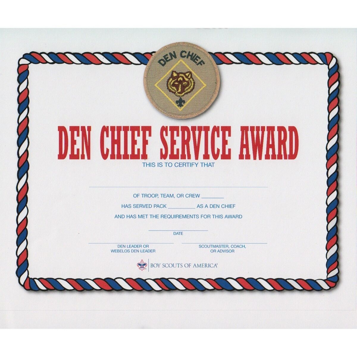 BOY SCOUT OFFICIAL BSA CUB PACK DEN CHIEF SERVICE AWARD CERTIFICATE 8 5x10 NEW EBay