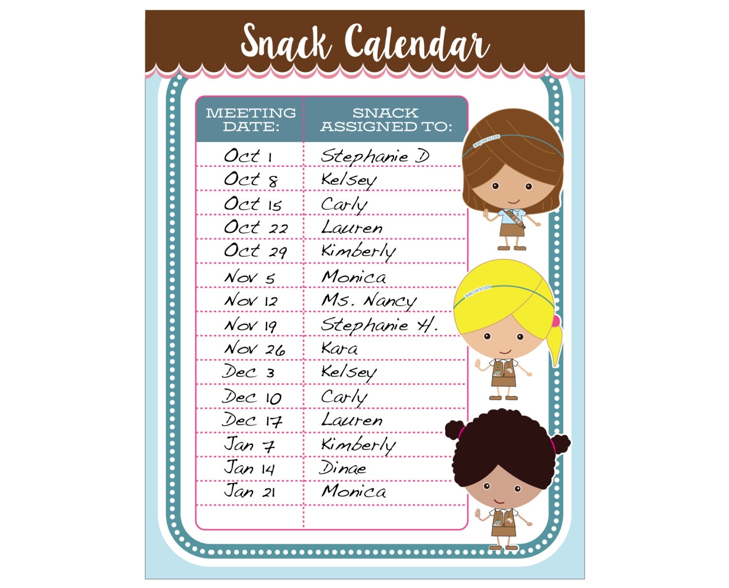 Brownie Girl Scout Snack Calendar Editable Printable Instant Download Etsy