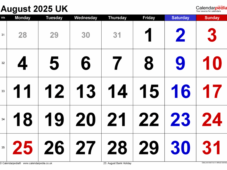 Calendar August 2025 UK With PDF Excel And Word Templates