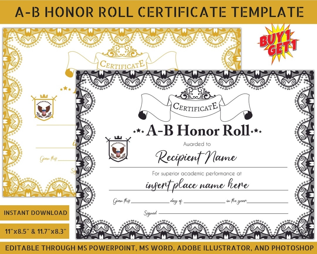 Certificate Of Completion AB Honor Role Black AB Honor Roll Certificate Golden AB Honor Roll Certificate Printable Editable Template Etsy