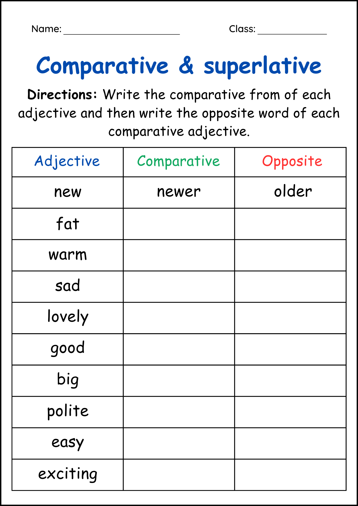 Comparative And Superlative Adjectives Grammar Worksheets For Grade 1 2 3 Made By Teachers