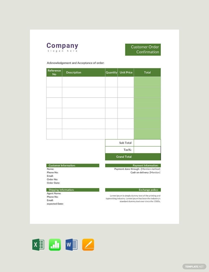 Customer Order Confirmation Template In Excel Apple Numbers Word Pages Download Template