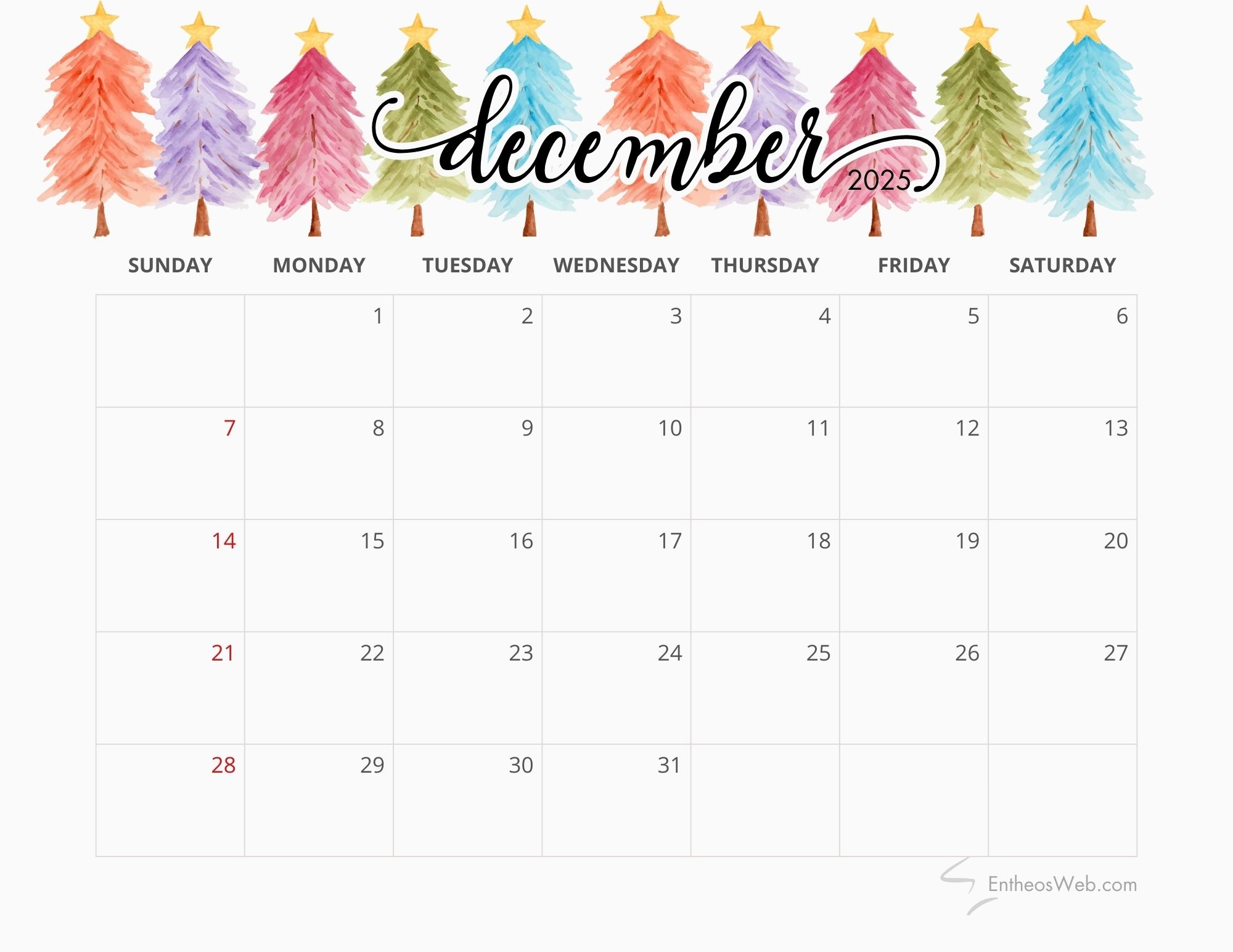Printable 2025 Calendar December