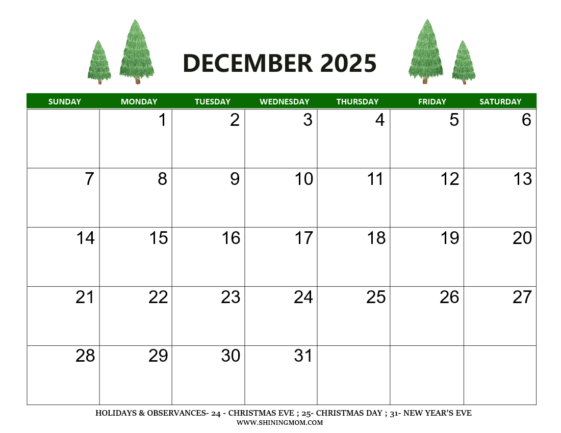 Free Printable Editable December 2025 Calendar