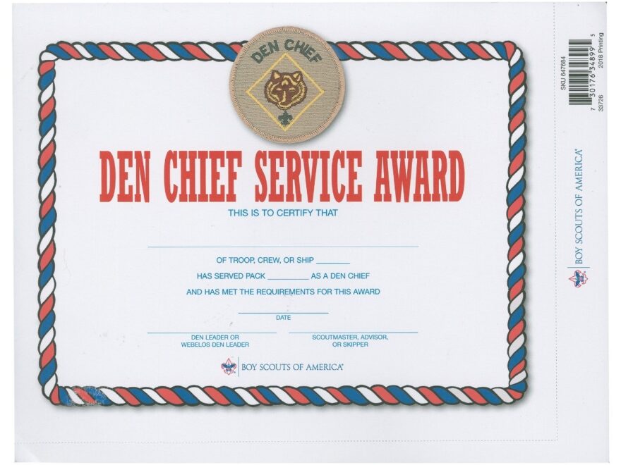 Den Chief Service Award Certificate Boy Scouts Of America