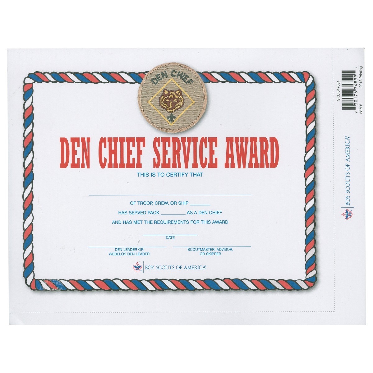 Den Chief Service Award Certificate Boy Scouts Of America