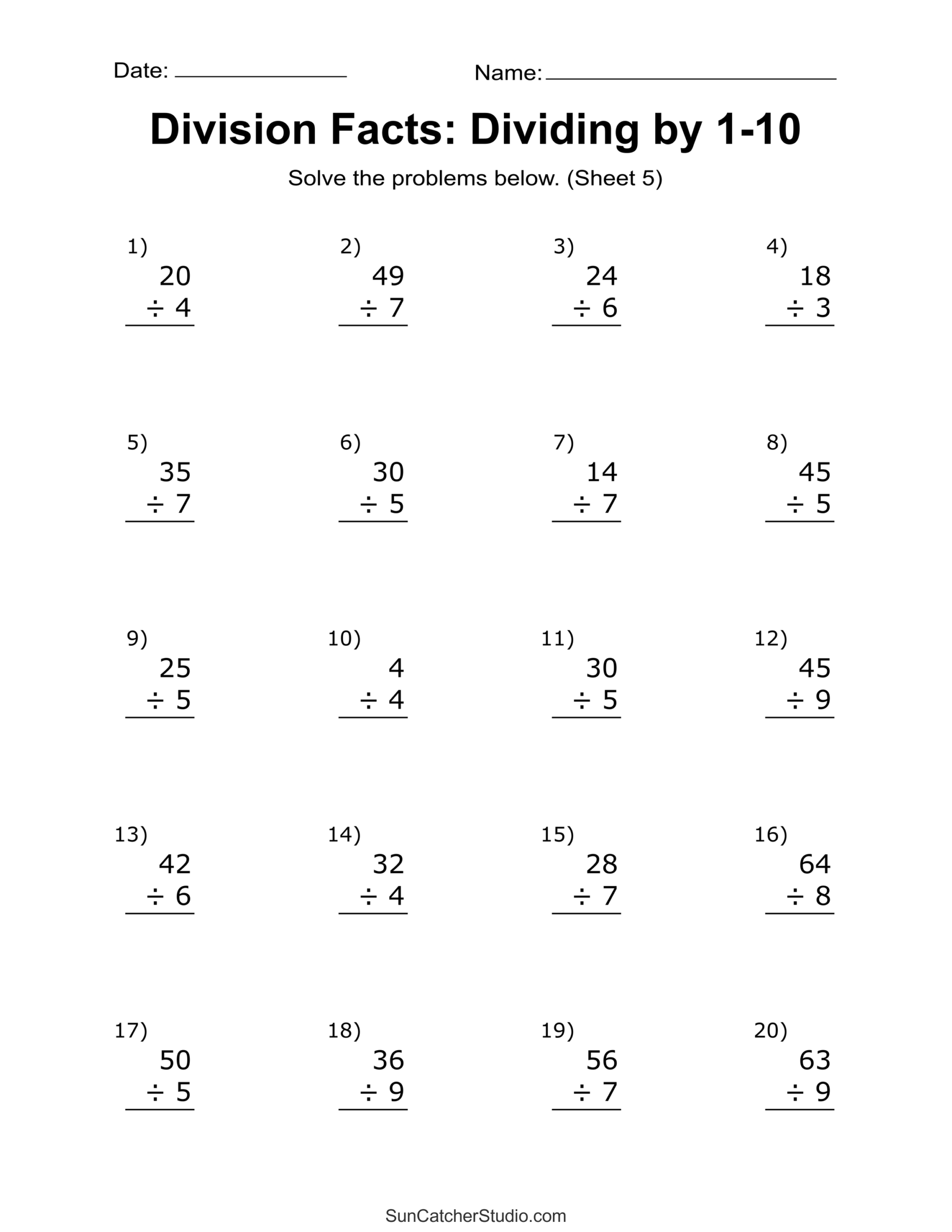 Printable Division Facts Worksheets