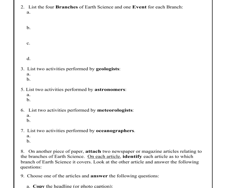 Earth Science Branches Worksheet