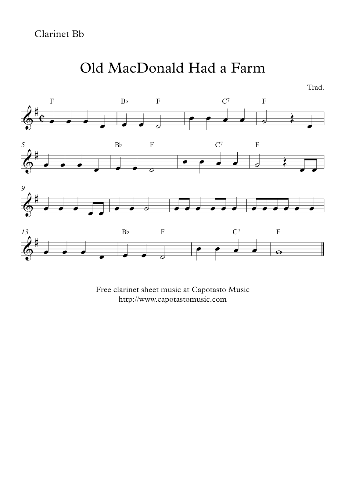 Easy Sheet Music For Beginners Free Easy Clarinet Sheet Music Old MacDonald Had A Farm