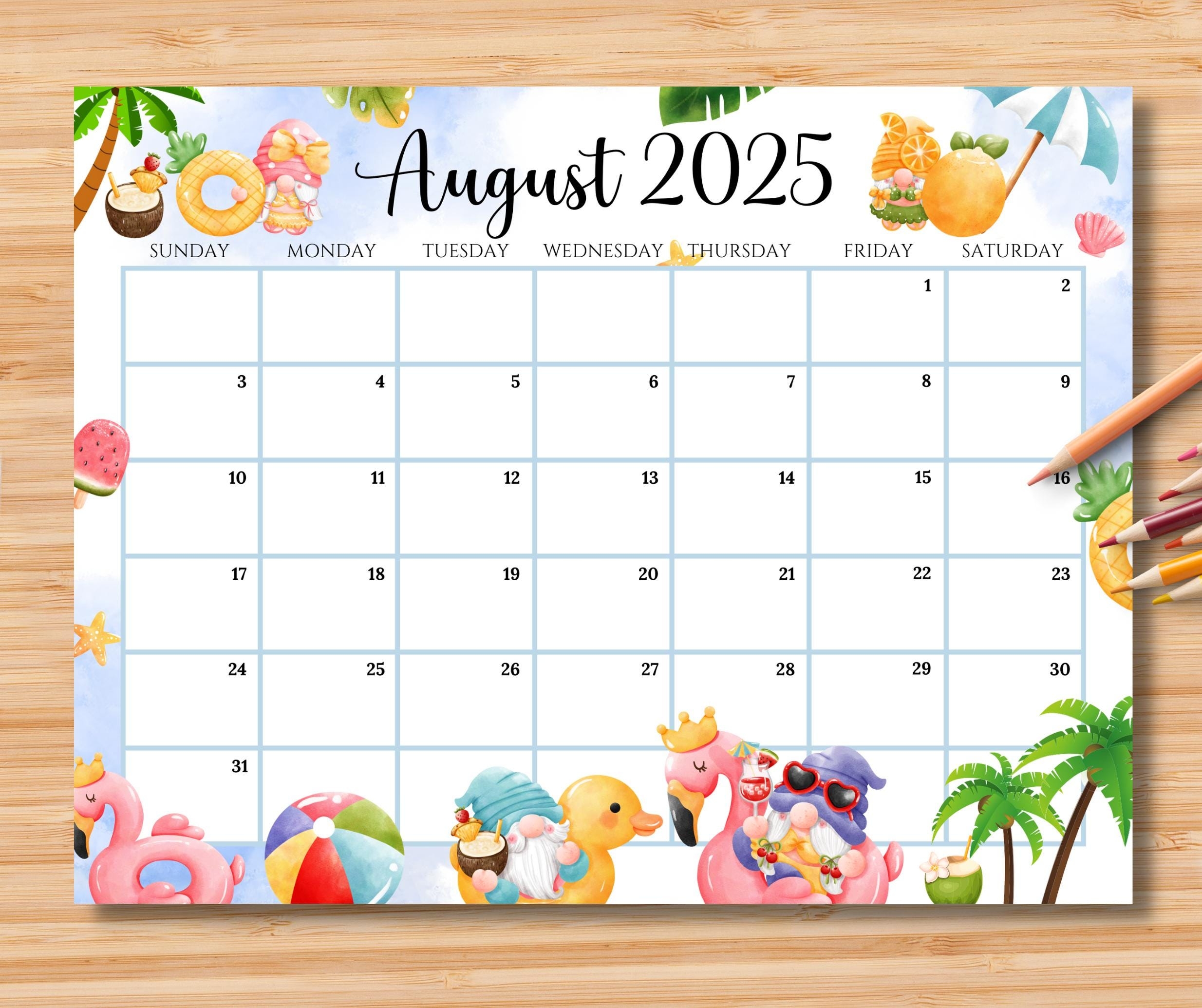 EDITABLE August 2025 Calendar Relaxing Summer At The Beach With Cute Gnomes Printable Fillable Planner For Home Work Instant Download Etsy
