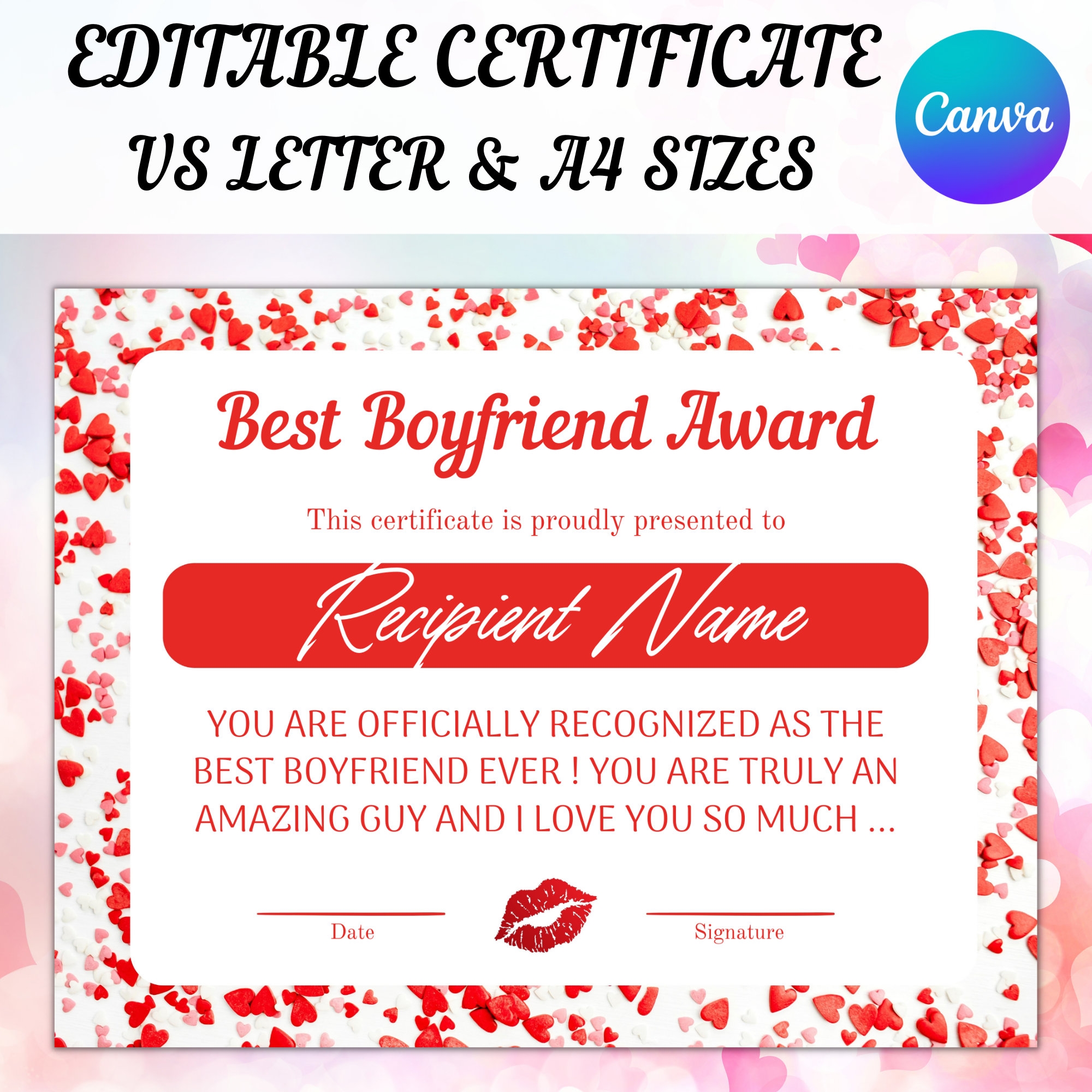 Editable Best Boyfriend Award Certificate Template Valentines Day Best Boyfriend Ever Award Personalized Love Gift For Him With Hearts Etsy