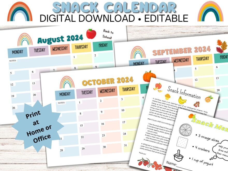 EDITABLE SNACK CALENDAR Rainbow Theme Organize Snack Time With Ease Editable 2024 2025 Calendar Printable Etsy