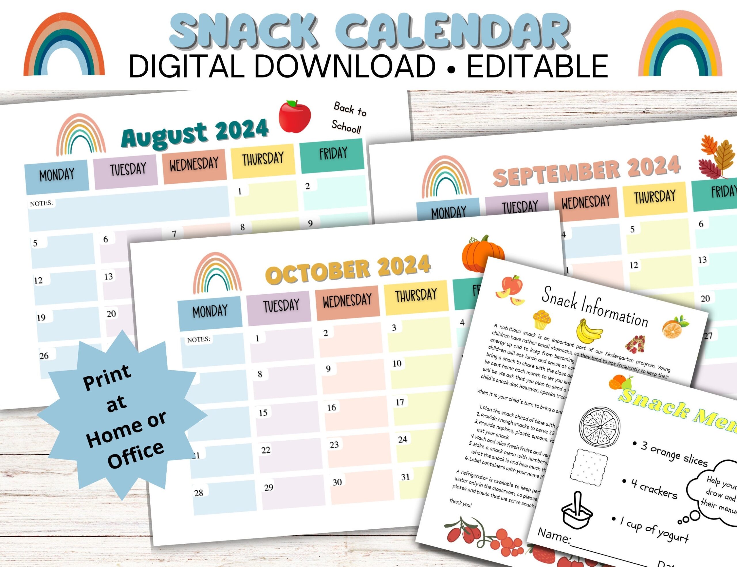 EDITABLE SNACK CALENDAR Rainbow Theme Organize Snack Time With Ease Editable 2024 2025 Calendar Printable Etsy
