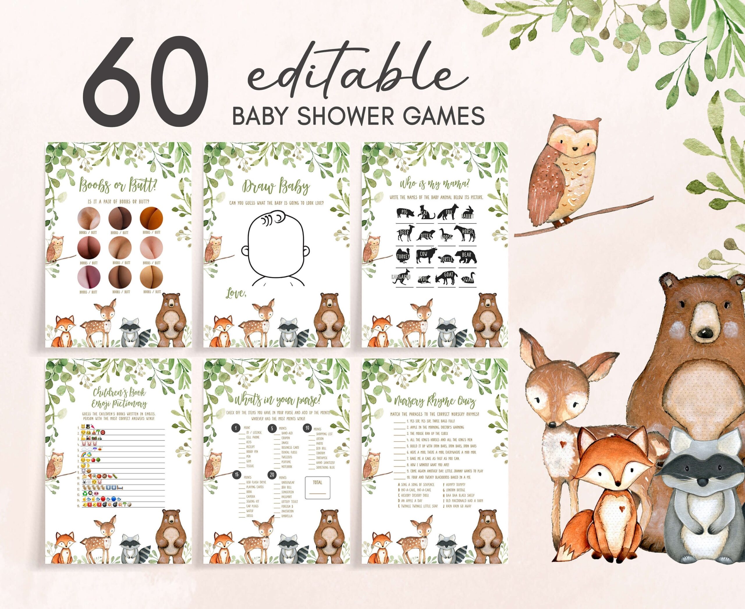 Editable Woodland Baby Shower Games Bundle Greenery Woodland Animals Baby Shower Game Pack Gender Neutral Forest Baby Shower Games 0395 Etsy