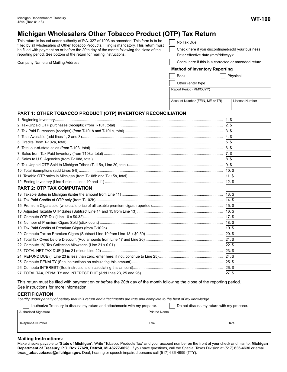 Form 4244 WT 100 Fill Out Sign Online And Download Printable PDF Michigan Templateroller