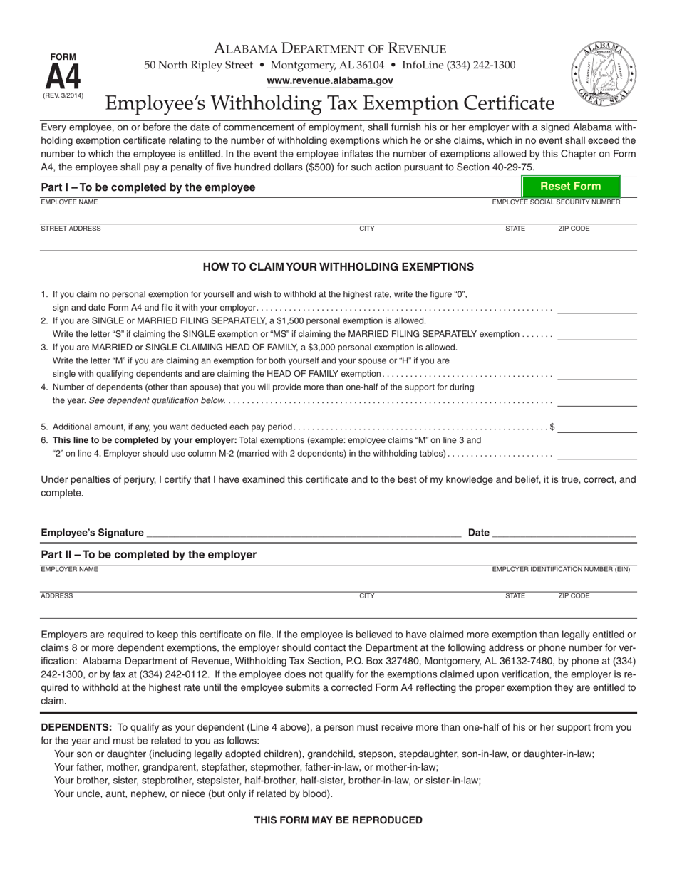 Form A4 Fill Out Sign Online And Download Fillable PDF Alabama Templateroller